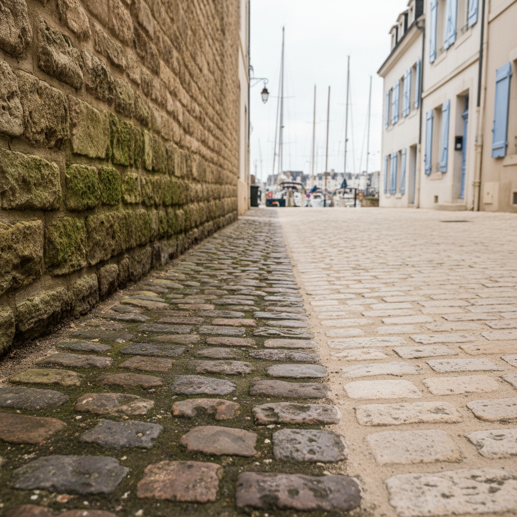 A narrow alleyway in the historic center of La Rochelle, where an aged stone wall and old cobbled ground meet a freshly cleaned section that appears brighter and more defined. The foreground focuses on the contrasting stones, one side darkened by years of weather and algae, the other side light, detailed, and dry after careful cleaning. In the softly blurred background, characteristic white facades and a glimpse of the port’s sailing masts suggest the local maritime setting. Gentle, overcast natural light provides a neutral, professional look with minimal shadows, ideal for showing detail. Shot from a low angle with a strong sense of depth, the photographic realism emphasizes precise, respectful cleaning in historic outdoor environments.