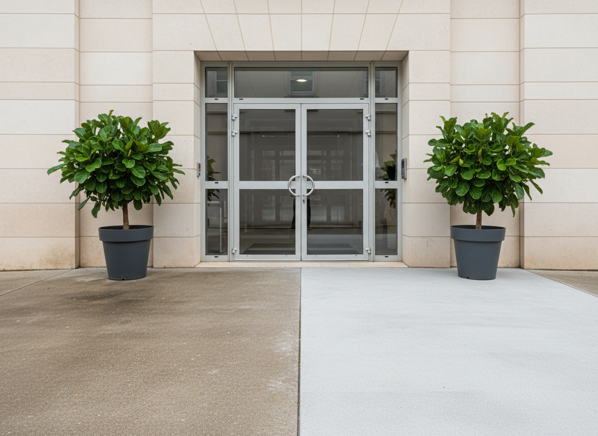 A well-maintained commercial building entrance in La Rochelle, featuring a wide glass doorway framed by impeccably cleaned light stone cladding. The pavement directly in front shows a distinct transition from dull, stained concrete to bright, freshly treated surface, illustrating professional exterior maintenance for businesses. Two large, healthy potted plants flank the doorway, their leaves glossy and dust-free. The scene is lit by soft, even daylight filtered through light cloud cover, avoiding harsh shadows and giving the image a clean, corporate feel. Photographed from a slightly elevated frontal angle with strong vertical lines and sharp focus, the composition feels structured, trustworthy, and ideal for presenting professional exterior cleaning services to commercial clients.