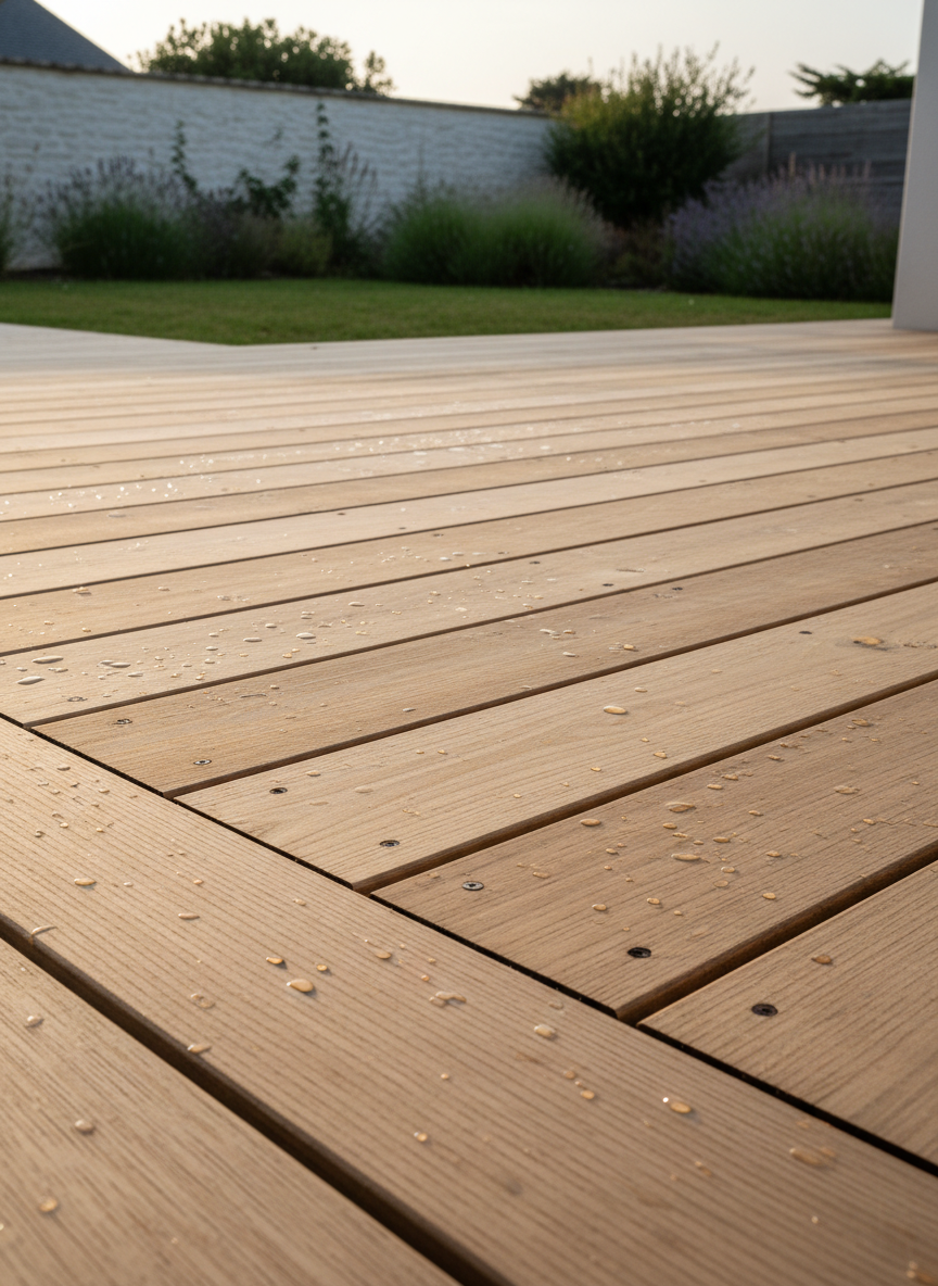 A meticulously cleaned wooden deck overlooking a calm Charente-Maritime garden, each plank clearly defined with restored natural wood tones and no traces of green algae or dirt. Beads of water lightly sparkle on the surface, hinting at recent professional treatment. In the background, a well-kept lawn, low coastal plants, and a white garden wall typical of the region are softly blurred. Warm late-afternoon sunlight slants across the scene, creating delicate shadows between planks and a welcoming atmosphere. Photographed from a low, diagonal angle to emphasize lines and depth, the image has a clean, modern, photographic style that underscores both aesthetics and safety of an expertly maintained outdoor deck.