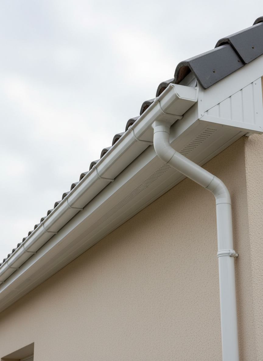 A detailed close-up of a building’s gutters and soffits on a coastal home near La Rochelle, all surfaces perfectly clean and free from moss or debris. The white PVC guttering gleams against a freshly washed light-colored façade and under a tidy, dark-tiled roof edge. The background suggests a bright but soft sky with light cloud cover, creating diffused daylight that highlights the crisp lines and cleanliness. Shot from a low upward angle along the length of the gutter, the composition emphasizes continuity and attention to detail. The mood is calm, safe, and reassuring, with photographic realism that communicates thorough exterior maintenance and protection against water damage.