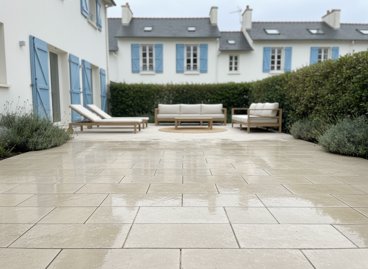 A spotless, freshly pressure-washed stone patio in a modern La Rochelle townhouse courtyard, the pale beige pavers still slightly damp and subtly glistening. Low coastal shrubs and a neatly trimmed hedge border the patio, with a glimpse of typical Charente-Maritime white façades and blue shutters in the softly blurred background. Diffused overcast daylight creates even, professional lighting with gentle shadows under the outdoor furniture. Shot at eye level with sharp focus throughout, the composition uses leading lines of the joints between pavers to guide the eye. The mood is clean, orderly, and reassuring, with a photographic realism that highlights the effectiveness of professional exterior cleaning services.