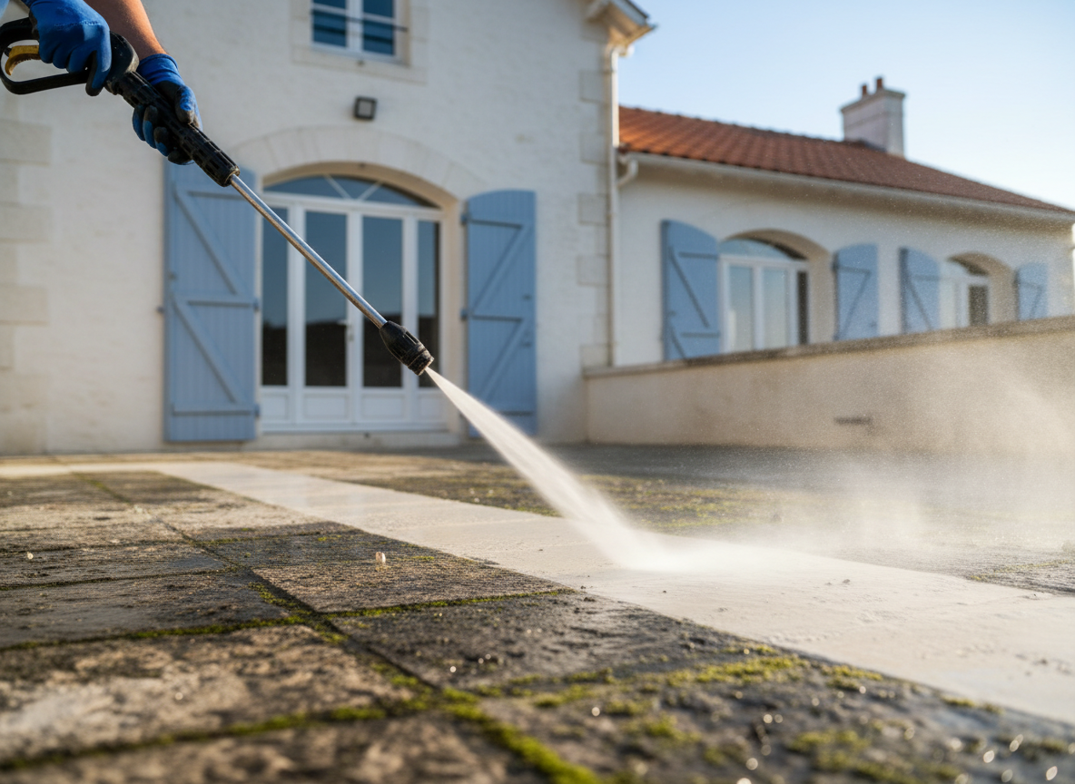 A dynamic close-up of a powerful pressure washer lance cleaning a weathered stone terrace, captured mid-action as a bright, clean strip appears against years of grime and moss. Tiny water droplets hang in the air, catching soft natural daylight and forming a fine mist. The terrace belongs to a seaside home reminiscent of La Rochelle architecture, with white walls and a faint outline of a tiled roof in the background, subtly out of focus. Shot from a slightly low, diagonal angle to emphasize the jet of water and the dramatic before/after contrast, the composition feels energetic yet controlled. Photographic realism and a crisp, modern aesthetic underline the precision and efficiency of professional outdoor cleaning.