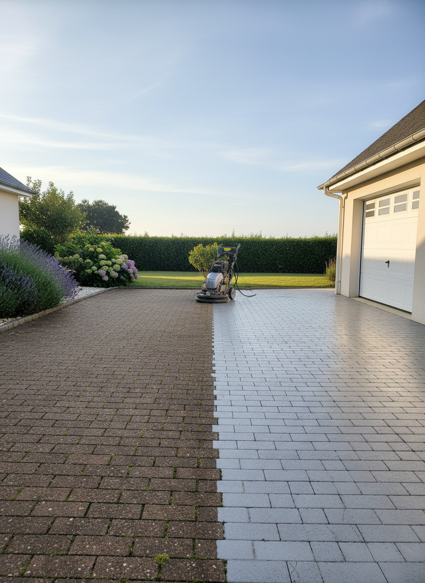A spacious residential driveway in Charente-Maritime, composed of interlocking concrete pavers, half of it clearly treated by professional cleaning. One side appears bright, free of oil stains and moss, while the untreated half remains darker and patchy. A neatly maintained garden and a white garage door frame the scene, with a hint of the Atlantic coast sky visible above. Soft morning light casts faint, long shadows that accentuate the surface texture of the pavers. Captured from a three-quarter, slightly elevated angle, the composition leads the viewer’s eye along the length of the driveway. The overall atmosphere is professional and reassuring, with realistic photographic clarity that showcases the benefits of exterior driveway maintenance.