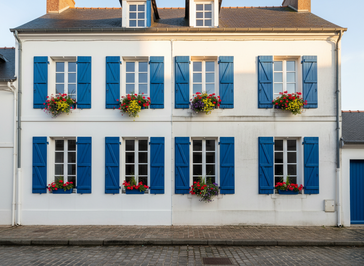 An elegant façade of a Charente-Maritime townhouse with immaculate white render and spotless blue shutters, the walls clearly freshly cleaned from top to bottom. The ground floor shows a subtle before/after division: one section pristine, the adjacent portion still slightly greyed and stained, emphasizing the transformation. Flower boxes under windows add touches of color, while a clean cobblestone sidewalk runs along the base of the building. Soft late-afternoon light from the side enhances surface textures and gentle shadows around window frames. Captured straight-on with a balanced, architectural composition and sharp focus, the image exudes professionalism, reliability, and high-quality exterior façade maintenance in a realistic photographic style.